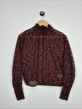 Dynamite Sheer Floral Blouse Black Red High Neck Long Sleeve Size S Whimsigoth